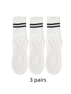 Pack of 3 pairs white pure cotton yoga socks featuring top stripes and breathable fitness material