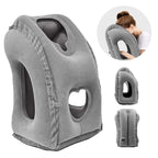 Gray inflatable travel pillow with multiple views on a white background