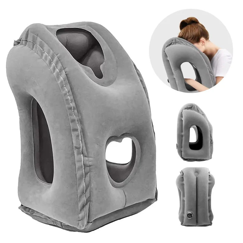 Gray inflatable travel pillow with multiple views on a white background