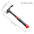 A claw hammer with a black and red handle, silver metal head, and dimension lines showing its length and claw width, with text reading 'Net Weight: 0.96kg' on a white background.