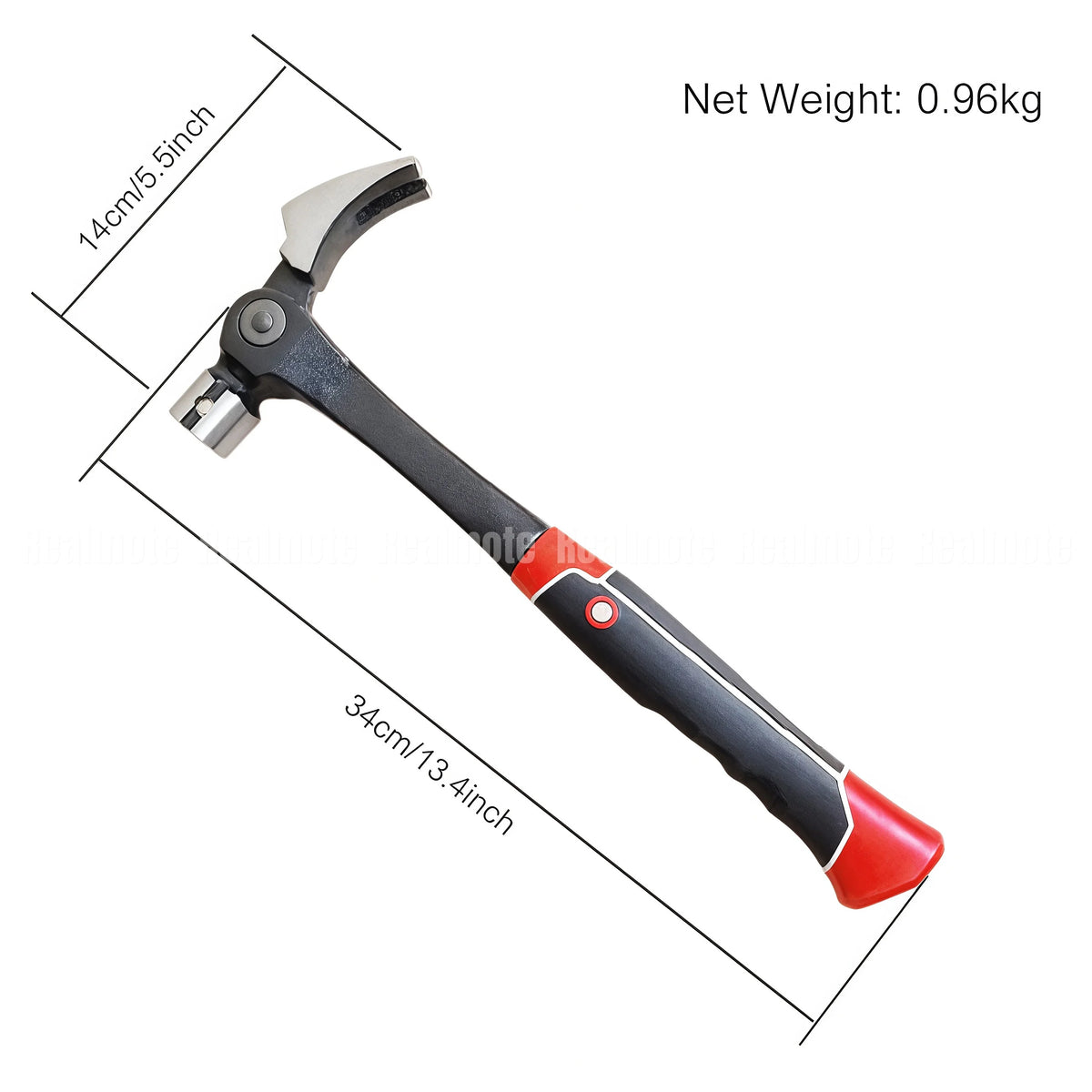 A claw hammer with a black and red handle, silver metal head, and dimension lines showing its length and claw width, with text reading 'Net Weight: 0.96kg' on a white background.