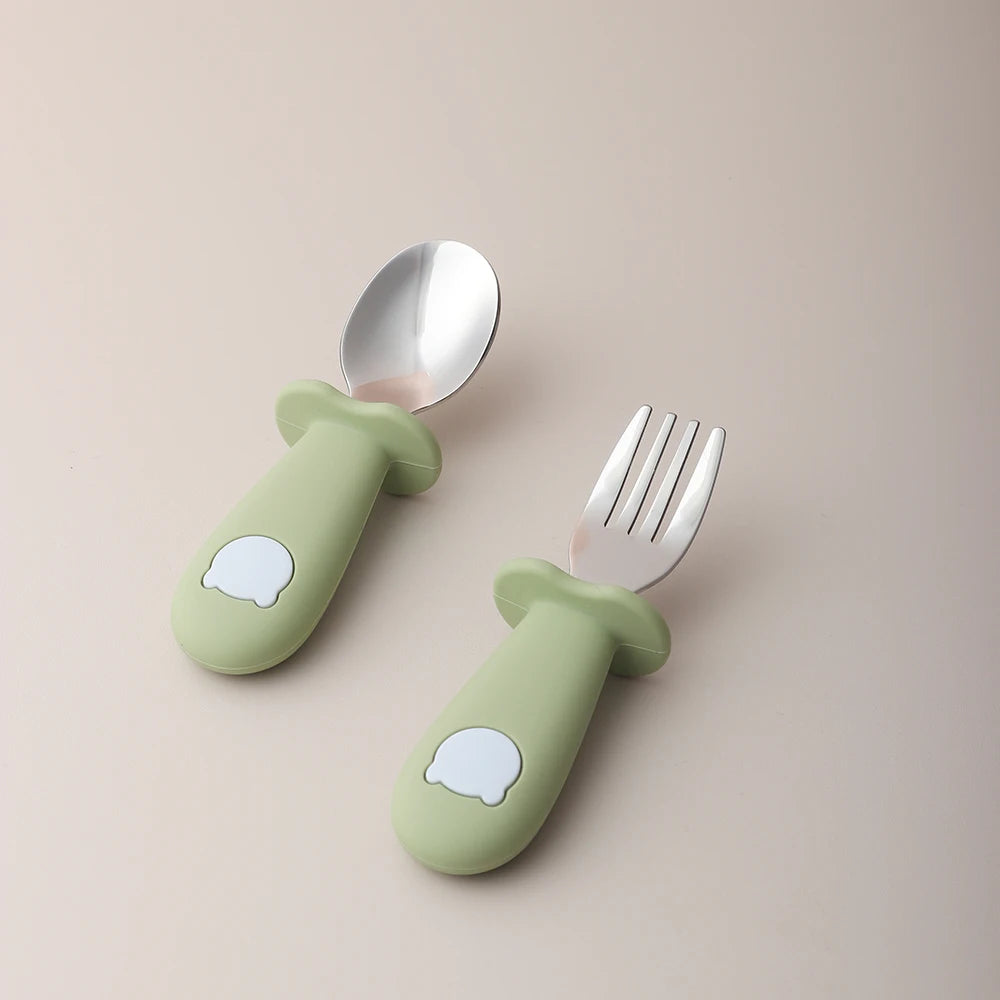 2PCS Baby Learning Spoon & Fork Set Wooden Handle Silicone Cutlery