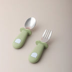 2PCS Baby Learning Spoon & Fork Set Wooden Handle Silicone Cutlery