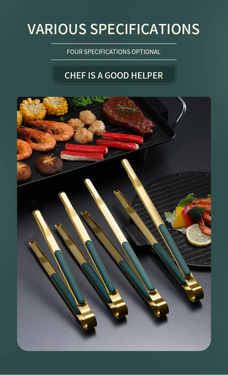Gold Stainless Steel Food Tongs – Non-Slip BBQ, Salad & Bread Serving Tongs