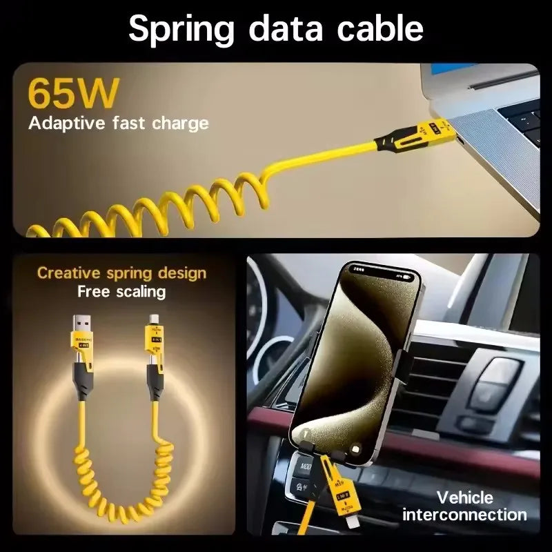 4 in 1 65W Spring Short Data Cable Quick Charger Wire Spring USB Cable for iPhone 16 15 14 13