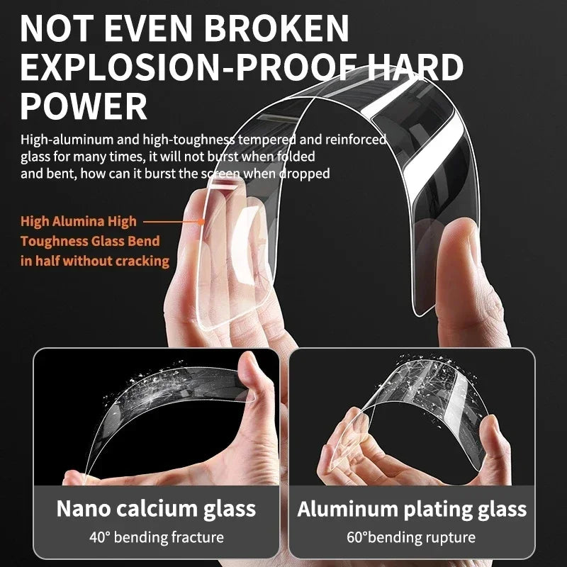 Glass panel with text highlighting its properties and durability, held by hands against a black background.