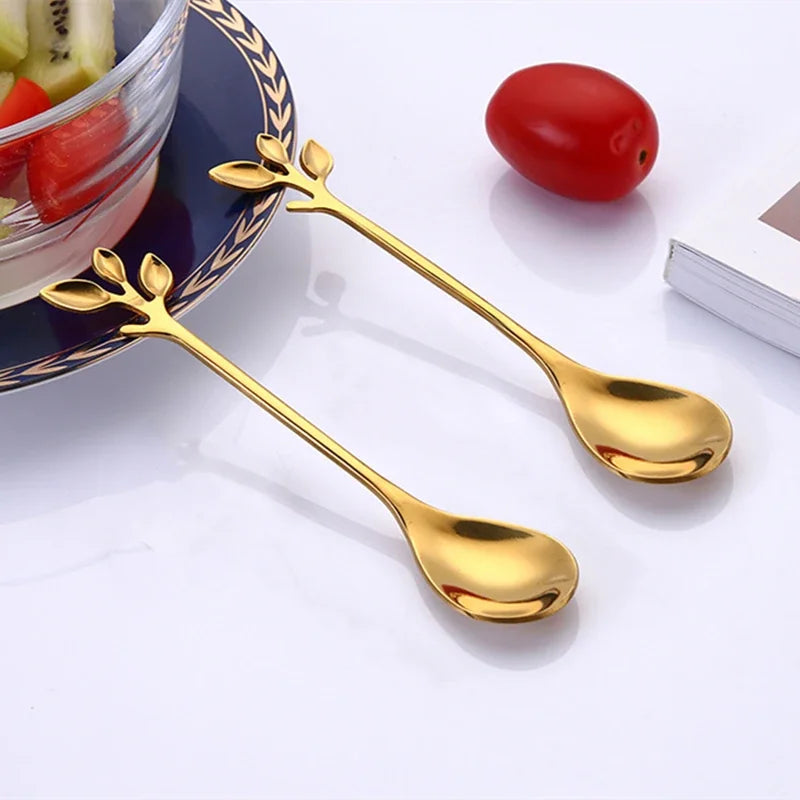 8PCS Gold Cherry Rose Stainless Steel Coffee Spoon Set
