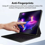 Tablet with keyboard cover and hand touching screen, emphasizing anti-fingerprint properties.