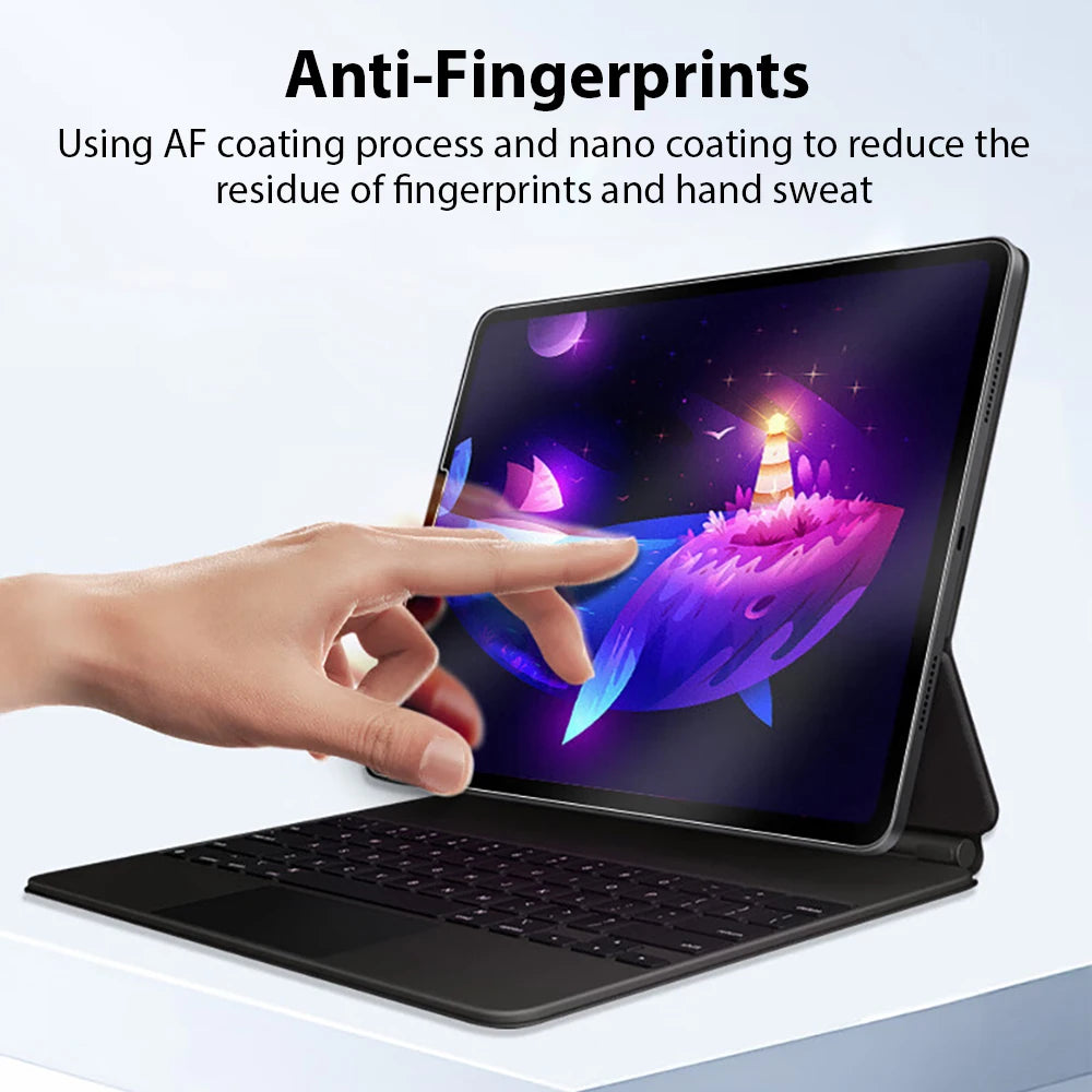 Tablet with keyboard cover and hand touching screen, emphasizing anti-fingerprint properties.