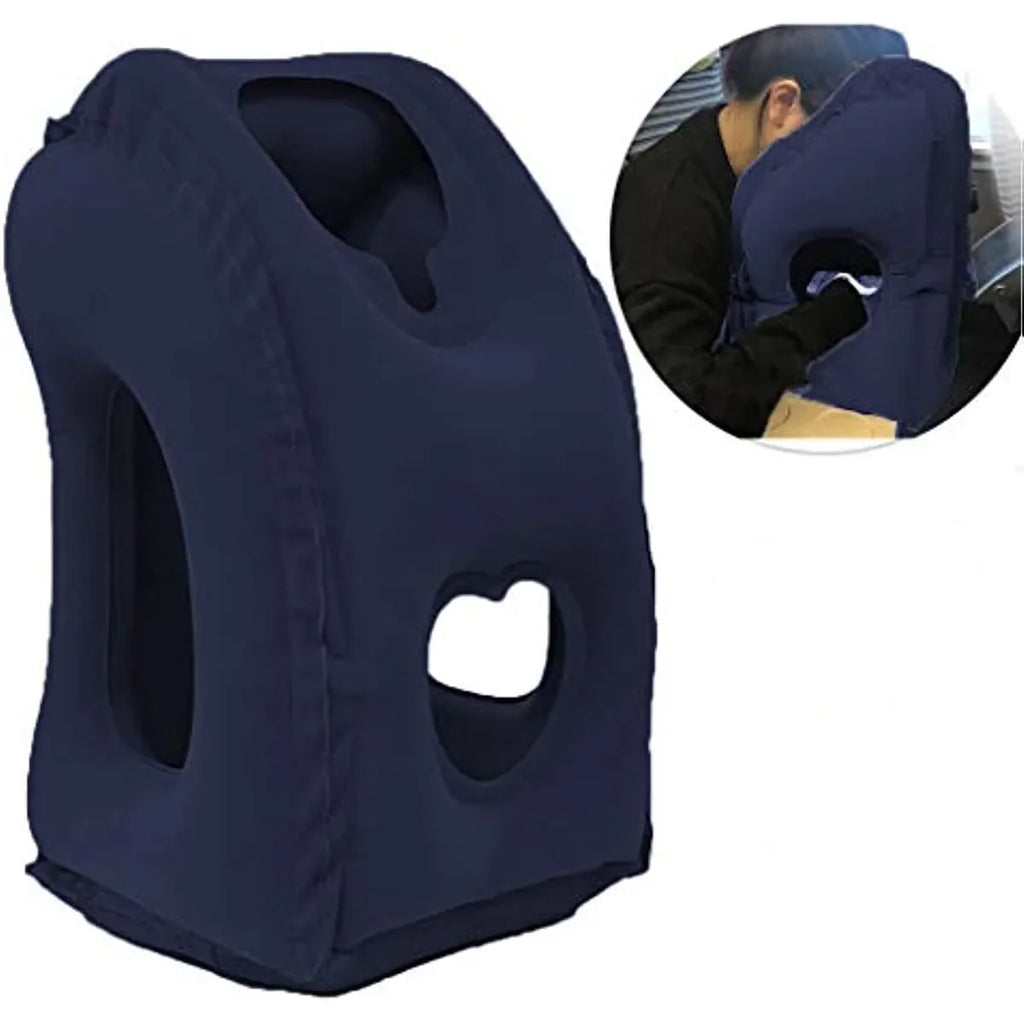 Navy blue travel neck pillow with a person using it inset on a white background