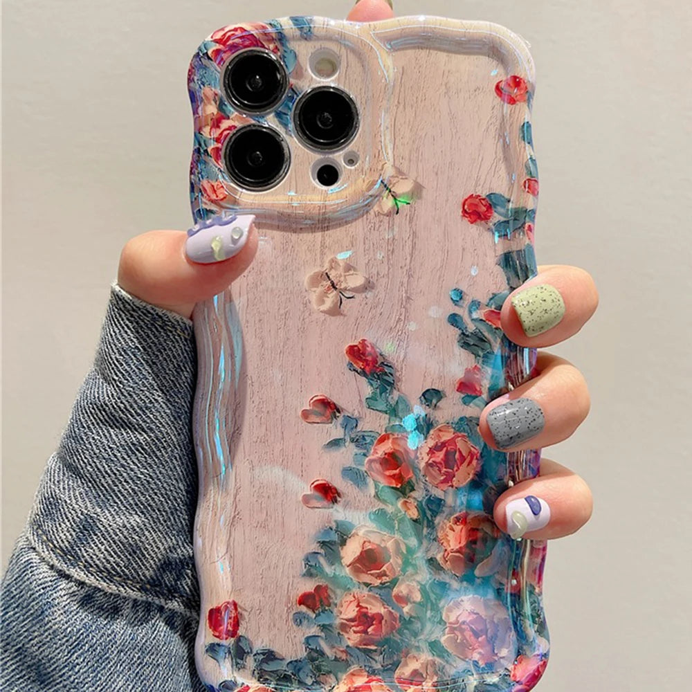 Retro Oil Painting Flower Case for iPhone 16 15 14 13 12 11 Pro Max