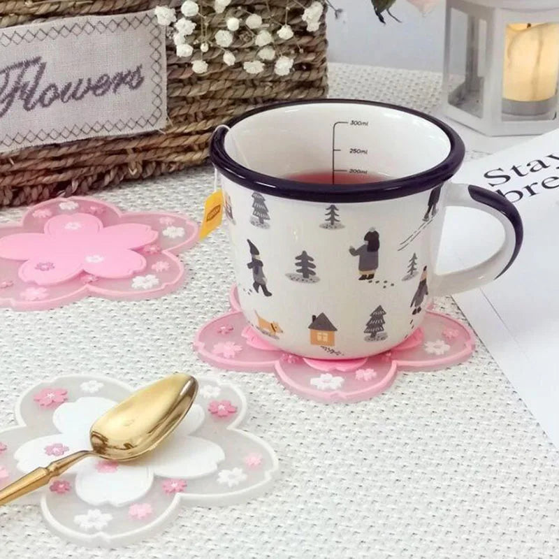 Kawaii Pink Sakura Silicone Coasters Blossom Cup Mats Home Décor Gift