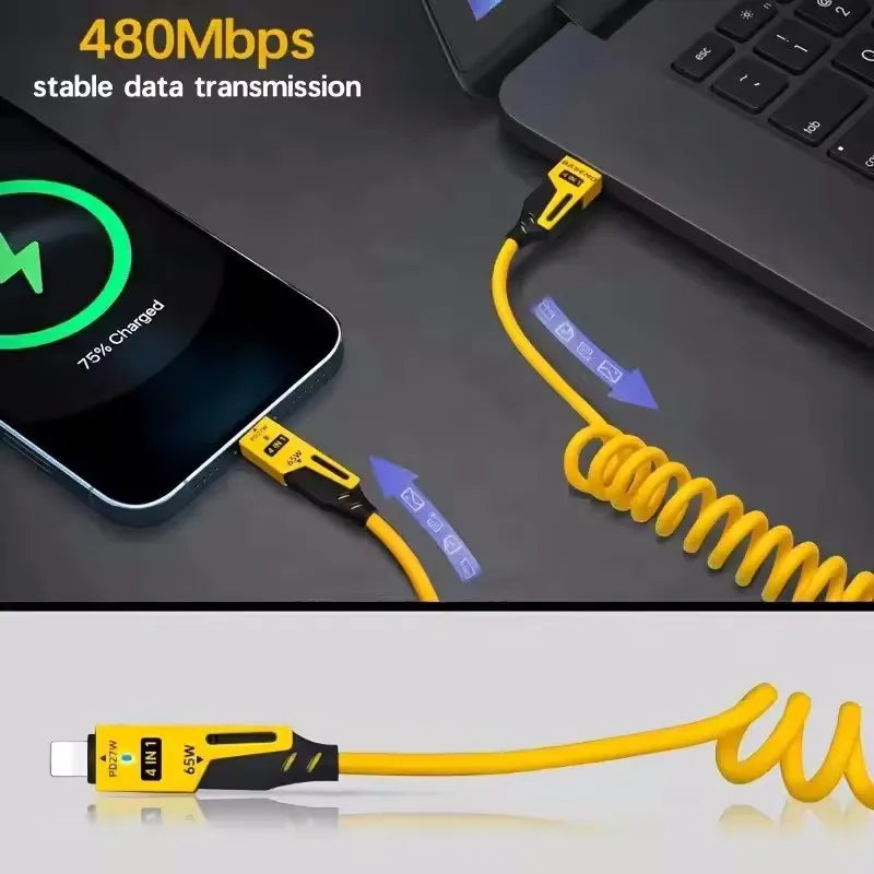 4 in 1 65W Spring Short Data Cable Quick Charger Wire Spring USB Cable for iPhone 16 15 14 13