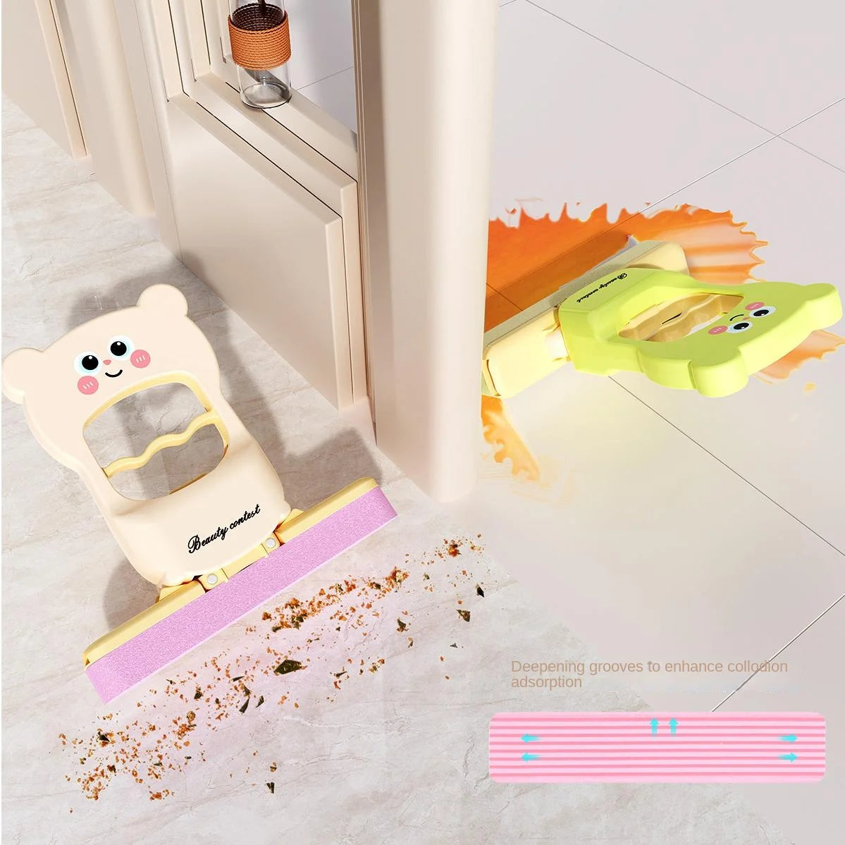 1PC Cartoon Bear Design Hands-Free Mini Mop Home Bathroom Cleaner & Cute Lazy-Friendly Desktop Stain-Removing Cloth Foldable Mop