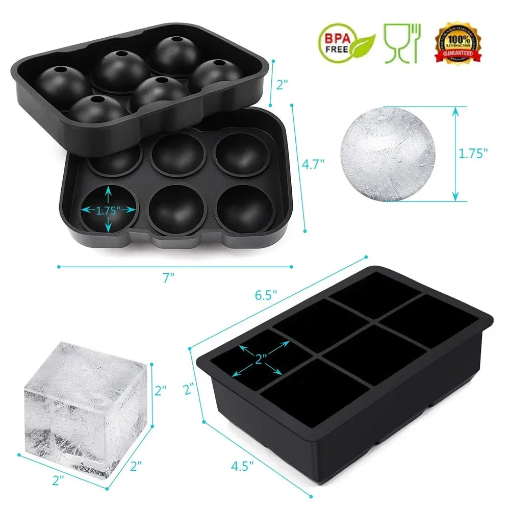 6 Grid Ice Cube Tray Large Round & Square Ice Mold for Whiskey & Cocktails