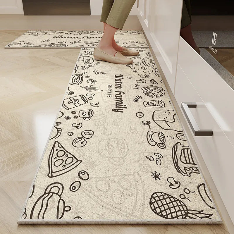 VIKAMA Kitchen Floor Mat Cartoon Dirt Resistant Non-Slip Velvet Carpet