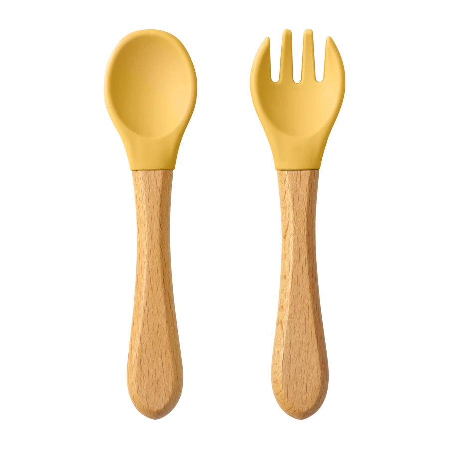 2PCS Baby Learning Spoon & Fork Set Wooden Handle Silicone Cutlery