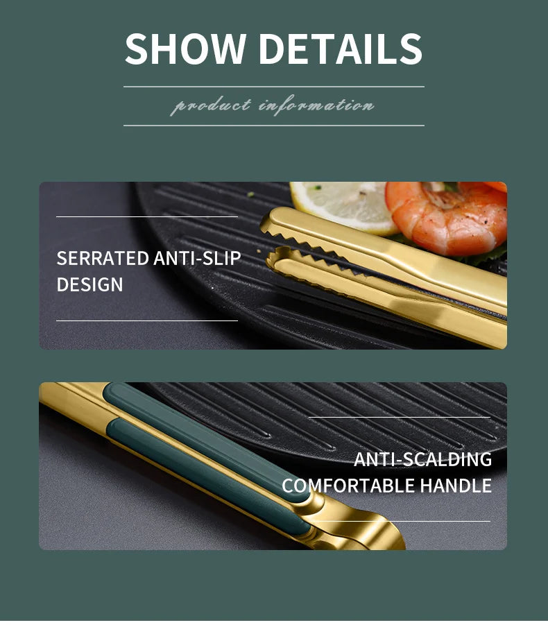 Gold Stainless Steel Food Tongs – Non-Slip BBQ, Salad & Bread Serving Tongs