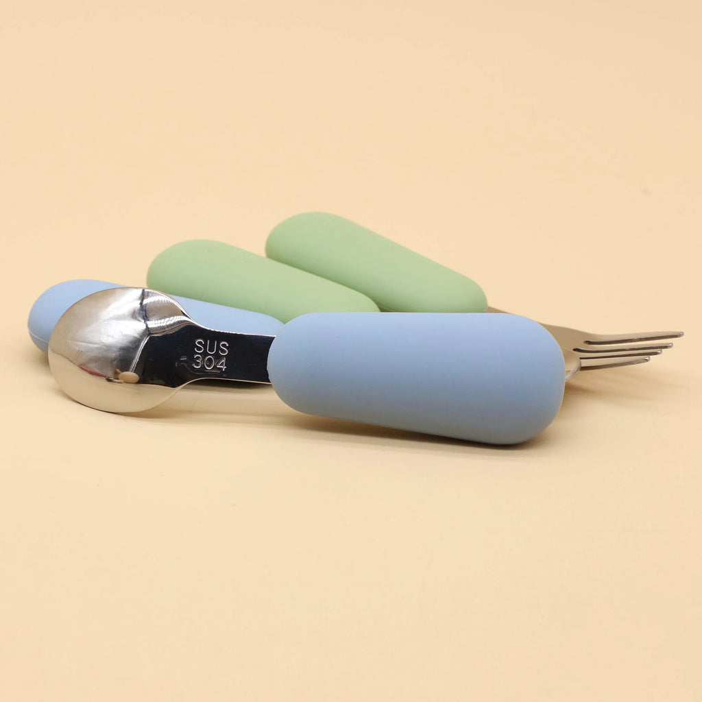 Silicone Handle Baby Spoon & Fork Set 304 Stainless Steel Feeding