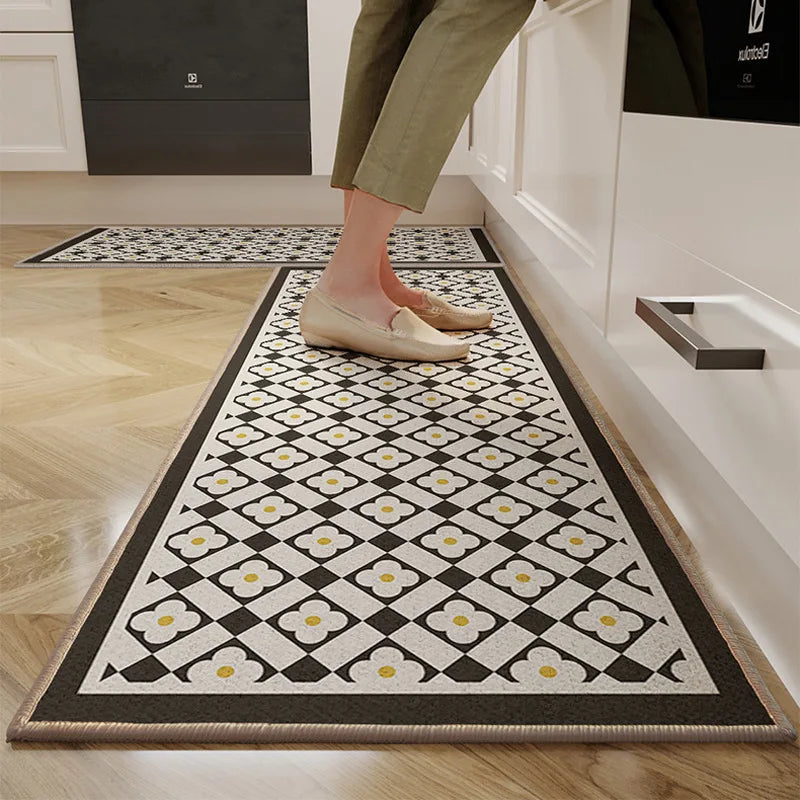 VIKAMA Kitchen Floor Mat Cartoon Dirt Resistant Non-Slip Velvet Carpet
