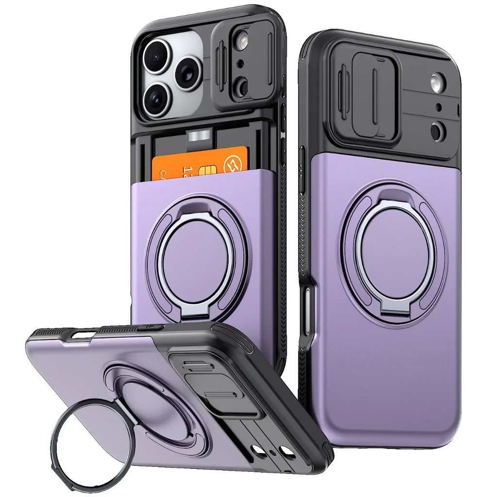 Purple phone case with card holder and ring stand on a white background
