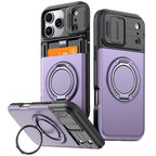 Purple phone case with card holder and ring stand on a white background