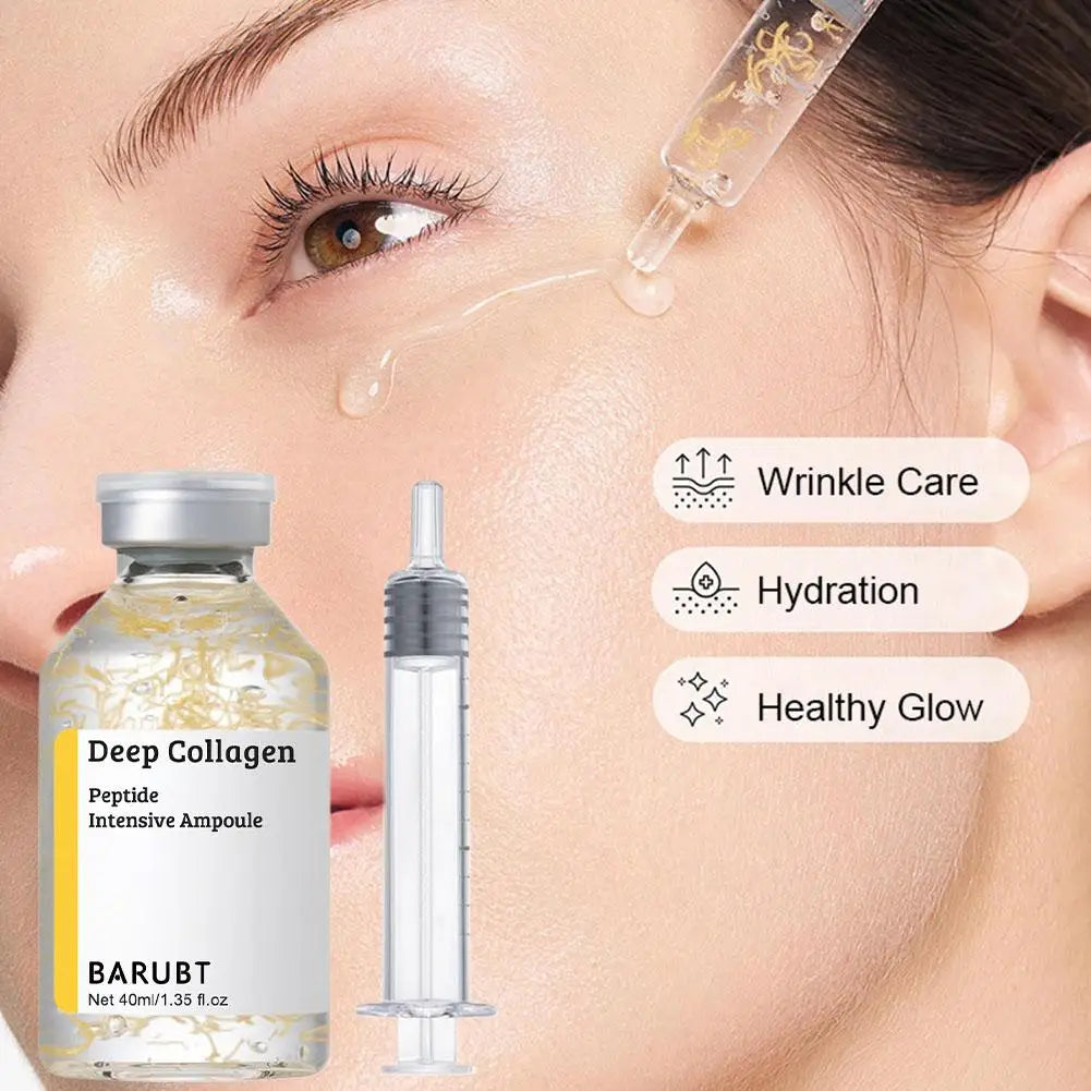 applying golden collagen peptide serum to facial skin for deep hydration and youthful elasticity