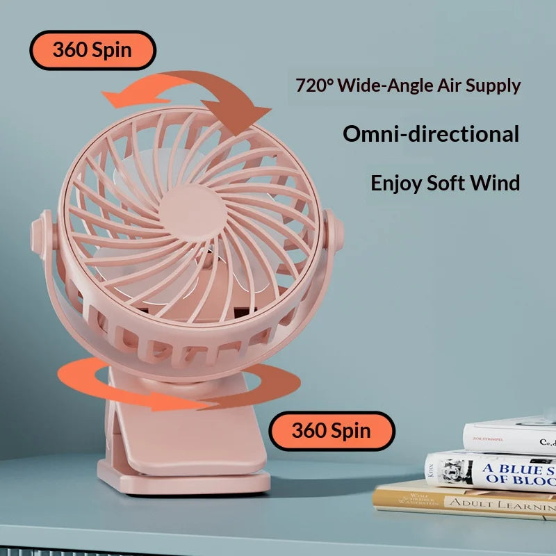 Portable Rechargeable Clip Fan with Night Light 360° 3-Speed USB