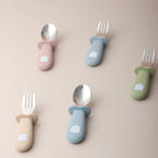 2PCS Baby Learning Spoon & Fork Set Wooden Handle Silicone Cutlery