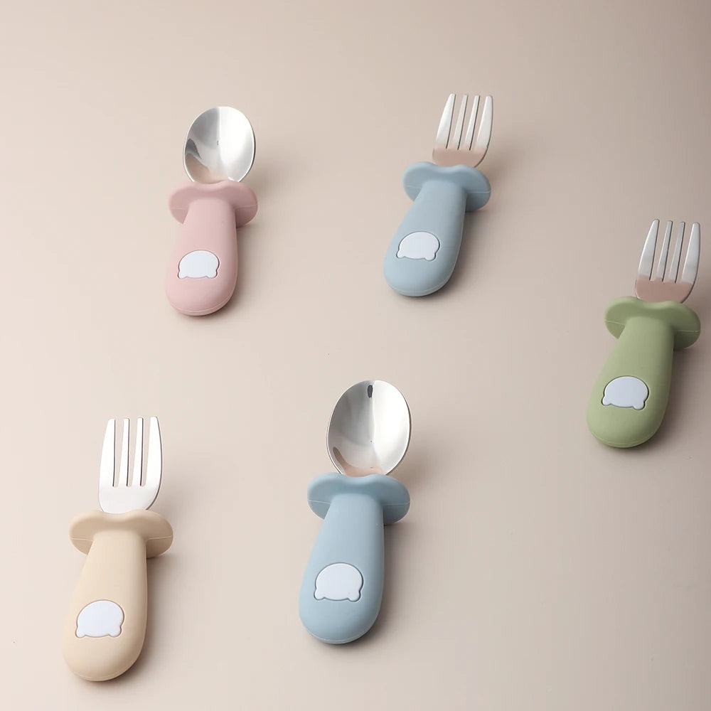 2PCS Baby Learning Spoon & Fork Set Wooden Handle Silicone Cutlery