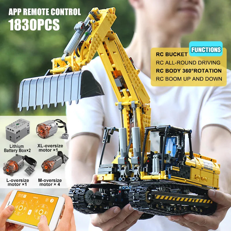Toy excavator with remote control features and person holding it