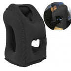 Black neck pillow with a person using it on a white background