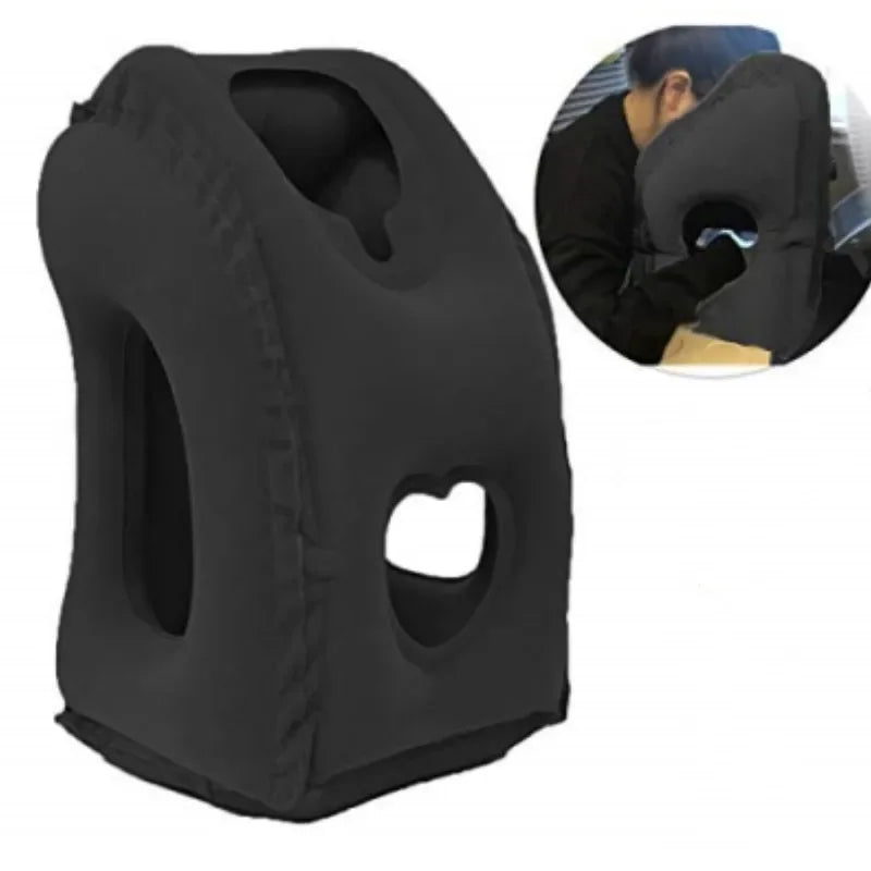 Black neck pillow with a person using it on a white background