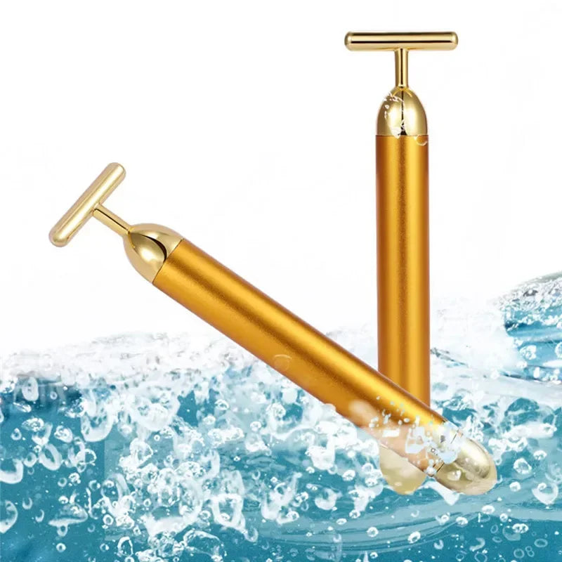 24K Gold T Shape Beauty Bar Face Roller Pulse Firming Massager