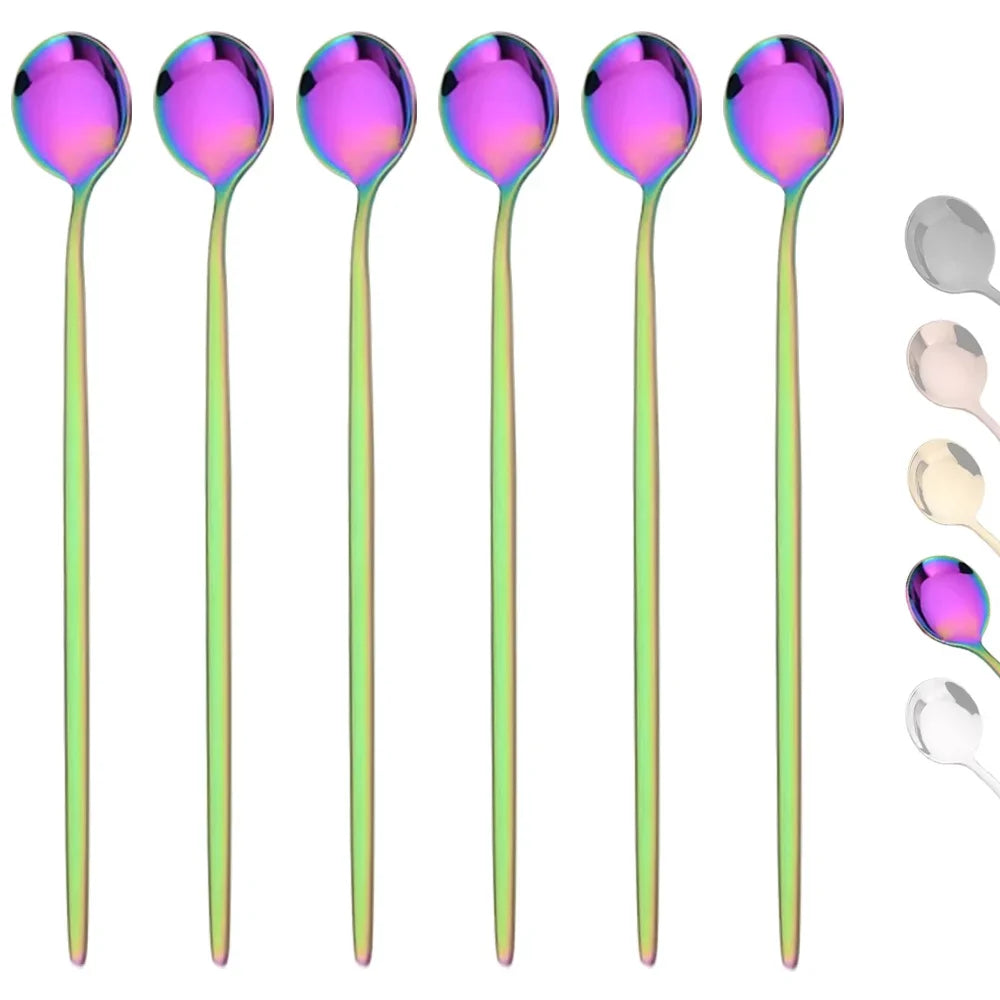 6Pcs Gold Ice Spoon Set – Long Handle Stainless Steel Coffee & Tea Stir Spoons