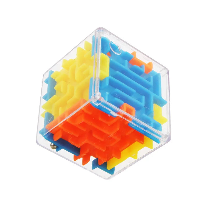 angled view of maze puzzle ball speed cube highlighting colourful multi tiered tracks