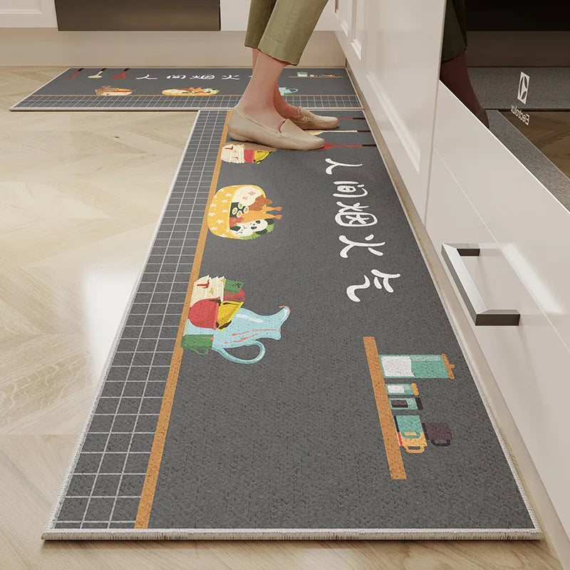 VIKAMA Kitchen Floor Mat Cartoon Dirt Resistant Non-Slip Velvet Carpet