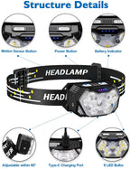 9 LED Rechargeable Headlamp Motion Sensor Flashlight