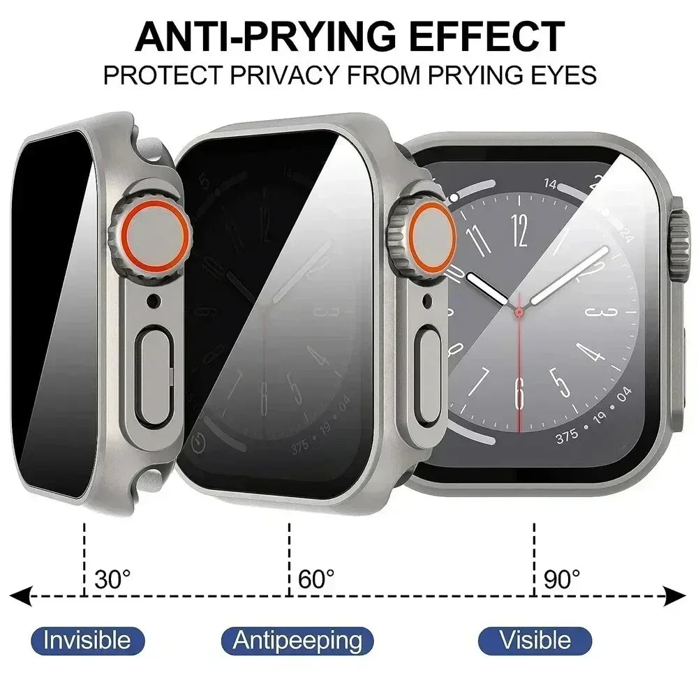 Anti-privacy screen protector for an Apple Watch shown on a silver watch case from three angles, labeled Invisible, Antipeeping, and Visible at 30°, 60°, and 90° with a text header 'ANTI-PRYING EFFECT PROTECT PRIVACY FROM PRYING EYES'.