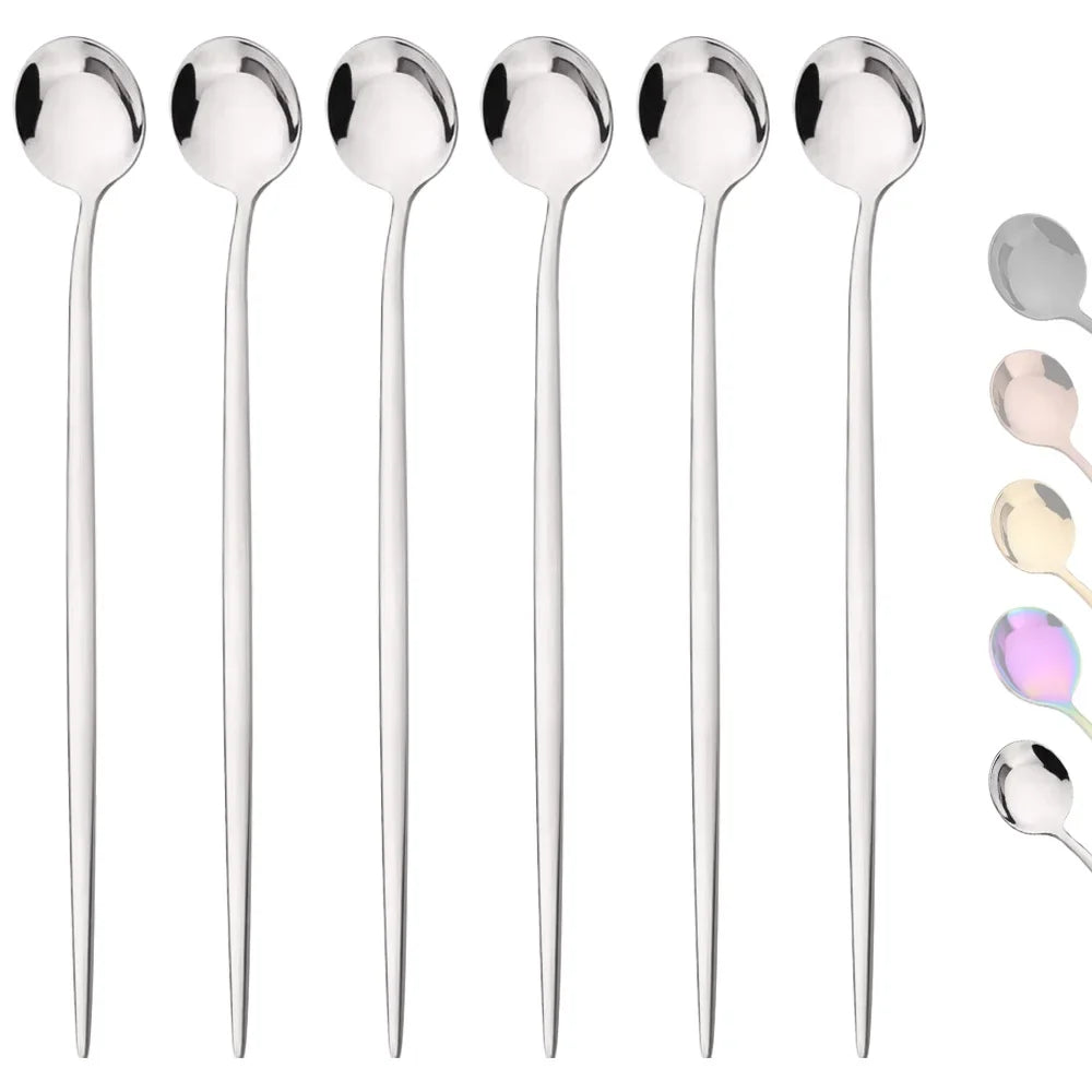 6Pcs Gold Ice Spoon Set – Long Handle Stainless Steel Coffee & Tea Stir Spoons