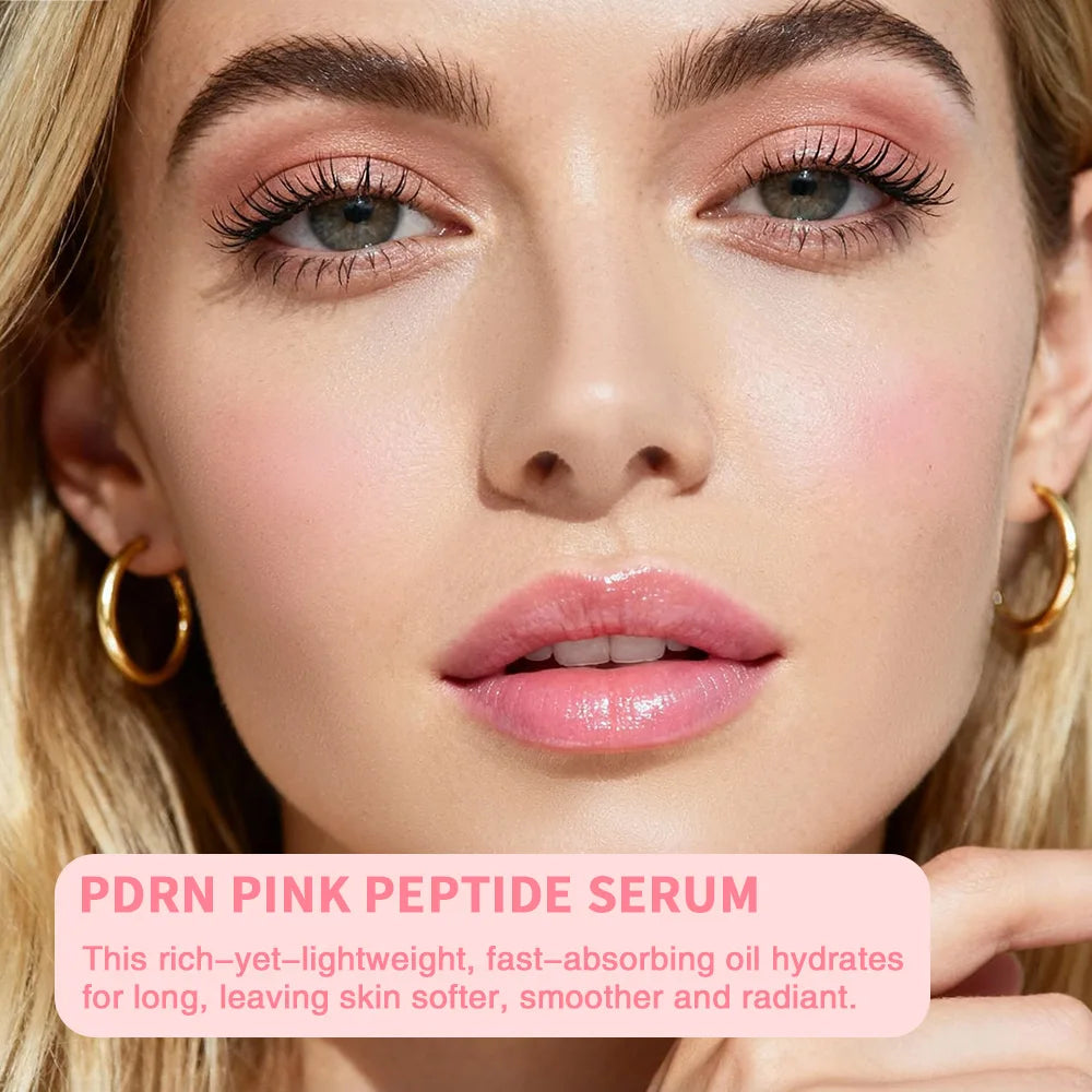 Close-up of a woman's face with PDRN Pink Peptide Serum text overlay
