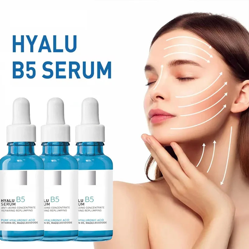 model showing glowing skin beside hyaluronic acid serum boots dropper bottle for anti-ageing facial care Main image