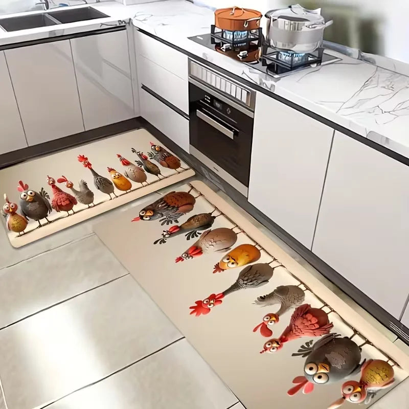 Funny Chicken Kitchen Mat Non-Slip Machine Washable Rug Decor