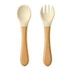 2PCS Baby Learning Spoon & Fork Set Wooden Handle Silicone Cutlery