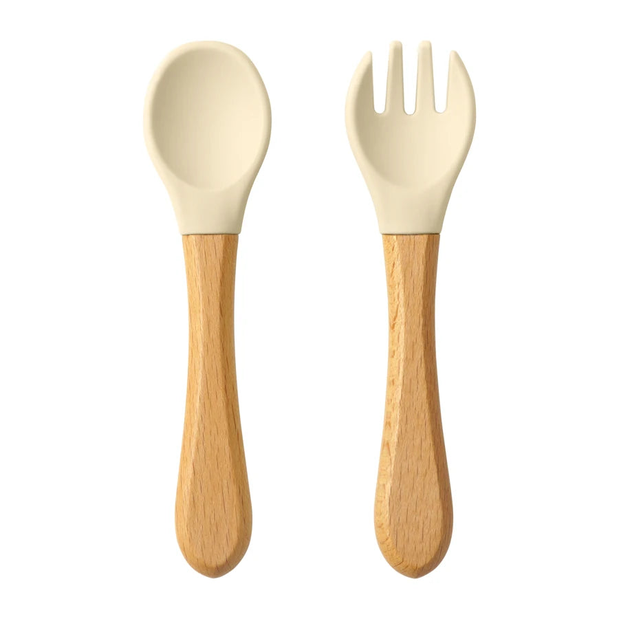 2PCS Baby Learning Spoon & Fork Set Wooden Handle Silicone Cutlery