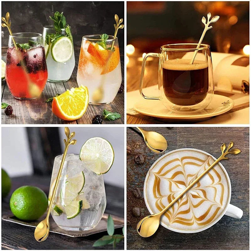 Leaf Coffee Spoon Set Stainless Steel – Gold & Silver Dessert Stirring Spoons
