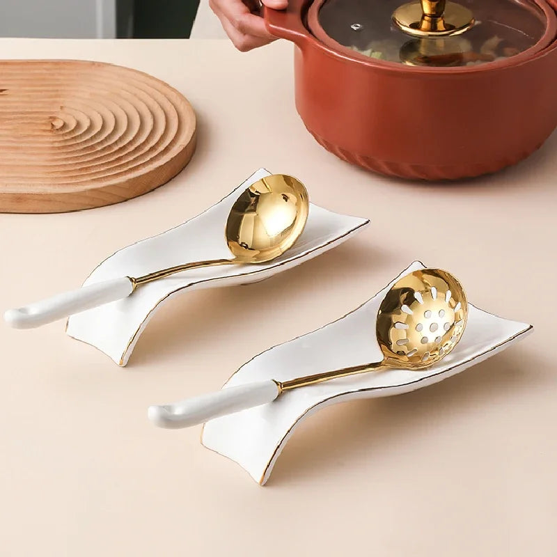 Luxury Ceramic Spoon Rest Gold Utensil Holder