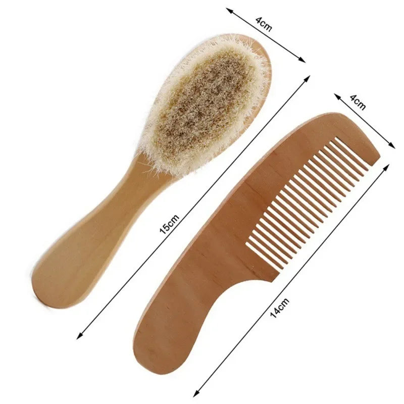 Newborn Baby Wooden Hair Brush & Comb Set Soft Wool Brush
