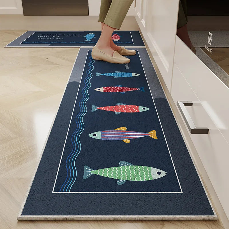 VIKAMA Kitchen Floor Mat Cartoon Dirt Resistant Non-Slip Velvet Carpet