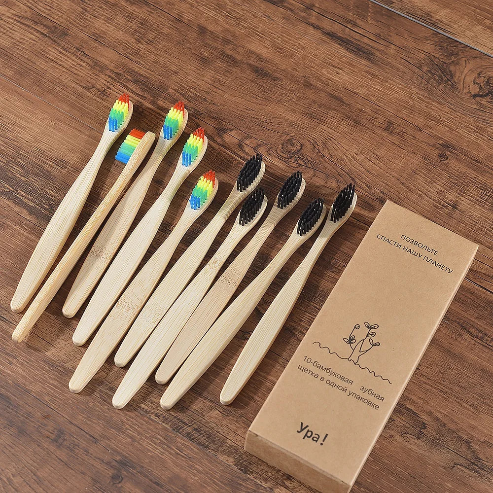 10PCS Bamboo Toothbrush Set Soft Charcoal Bristle Eco Dental Care